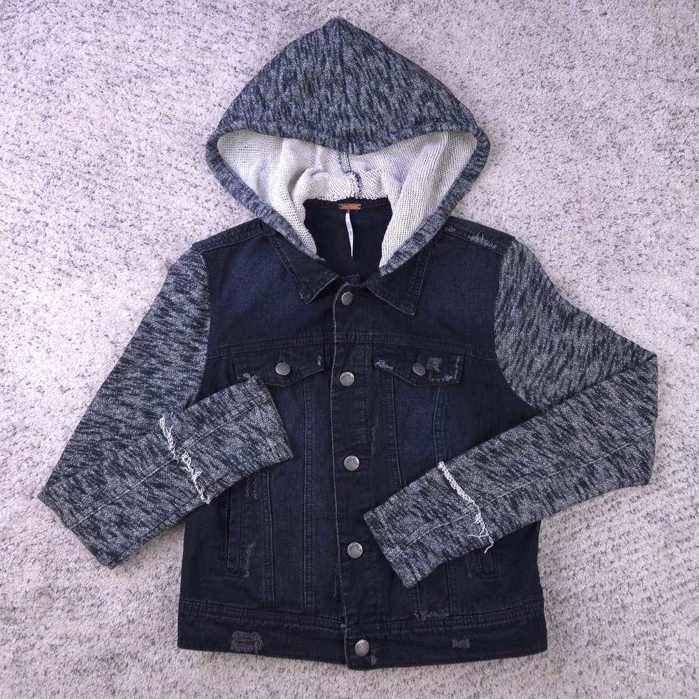 Free People Denim Jacket Womens XS Hoodie Vest Black Gray Biker Moto Button Up - Picture 1 of 12